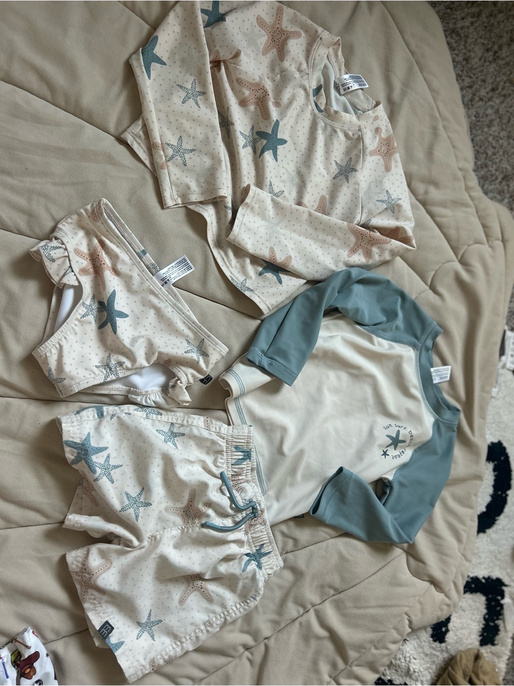 Sibling swim set - Children's Starfish Swim Set - Cream with Blue & Tan Stars